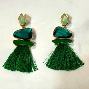 New large giant tassel boho emerald green and gold statement earring